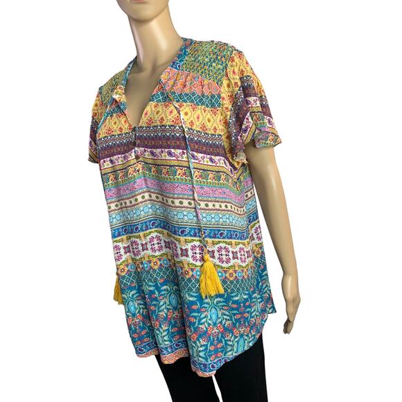 One World Women's XL Blouse Boho Metallic Threading Short Sleeve V Neck Tassels - Picture 4 of 12